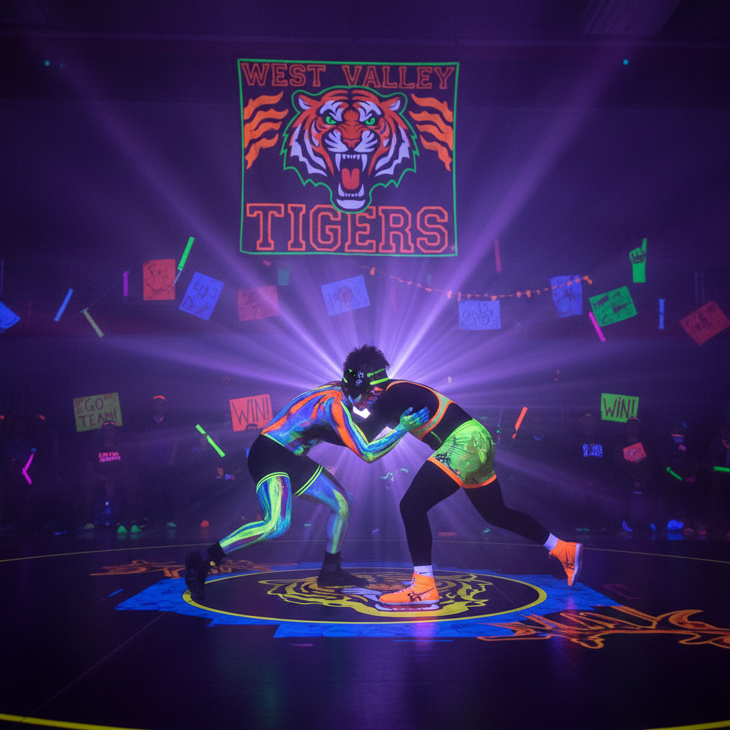 Blacklight wrestling action under UV lights