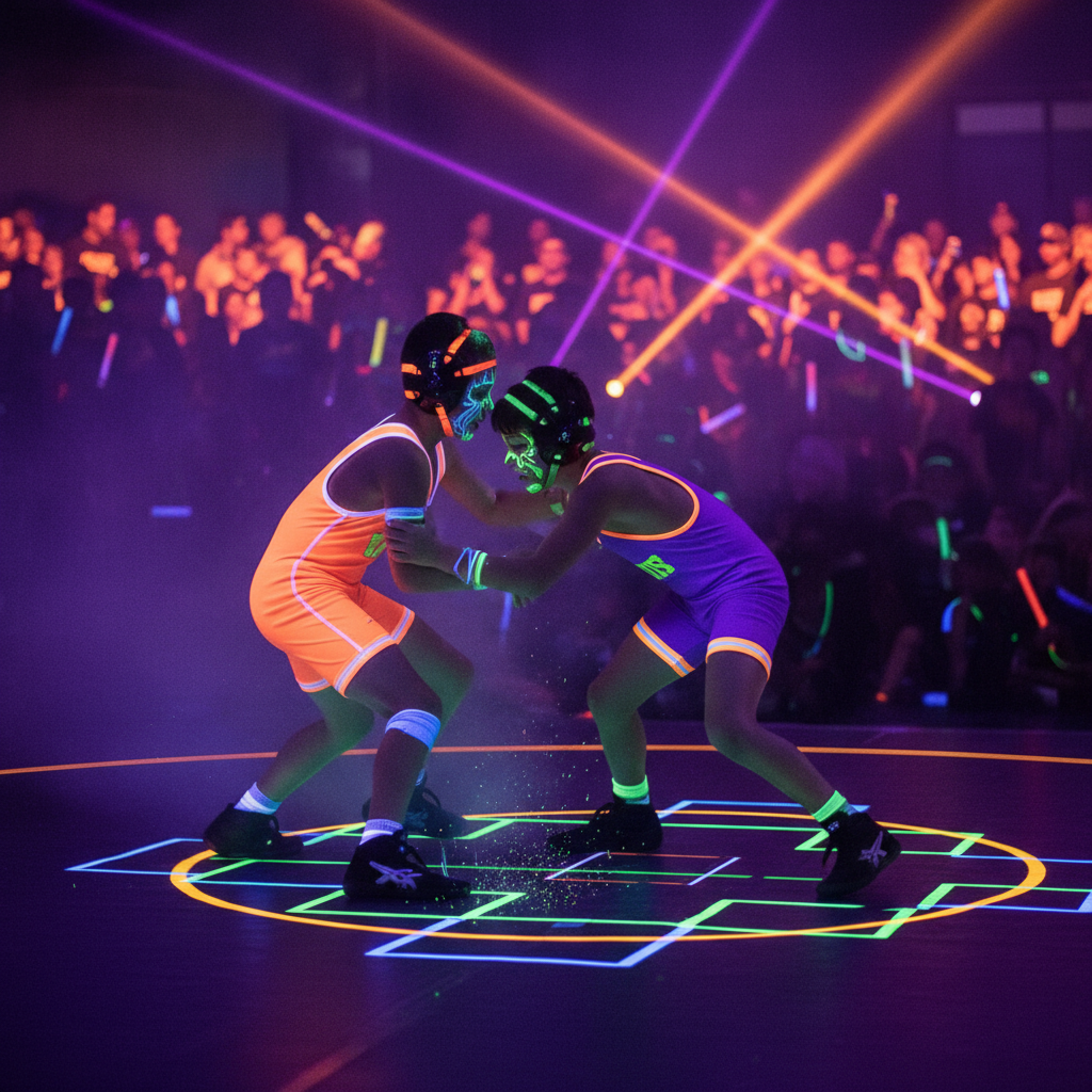 Youth wrestlers competing under UV lighting