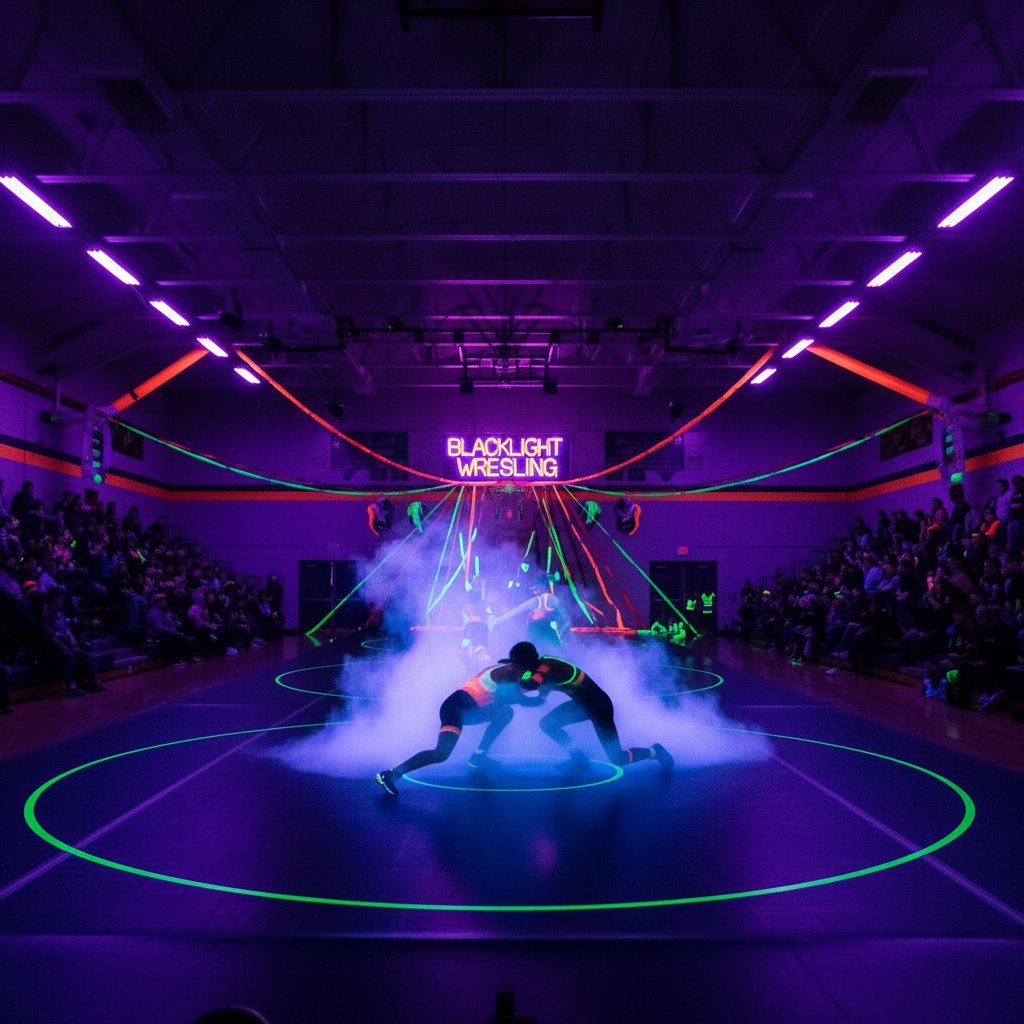 Gymnasium transformed with blacklight wrestling setup