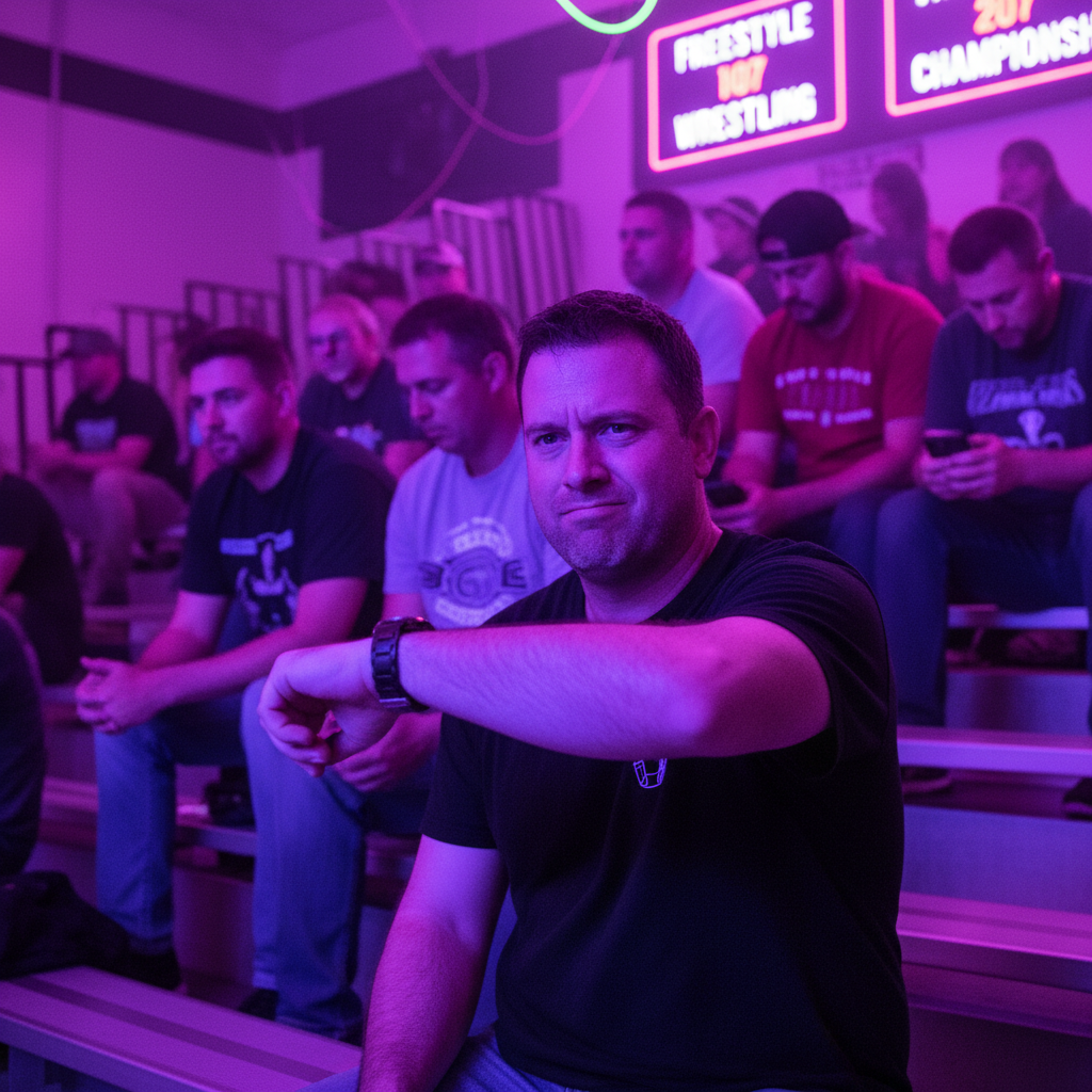 Bored dad checking his watch under UV lights