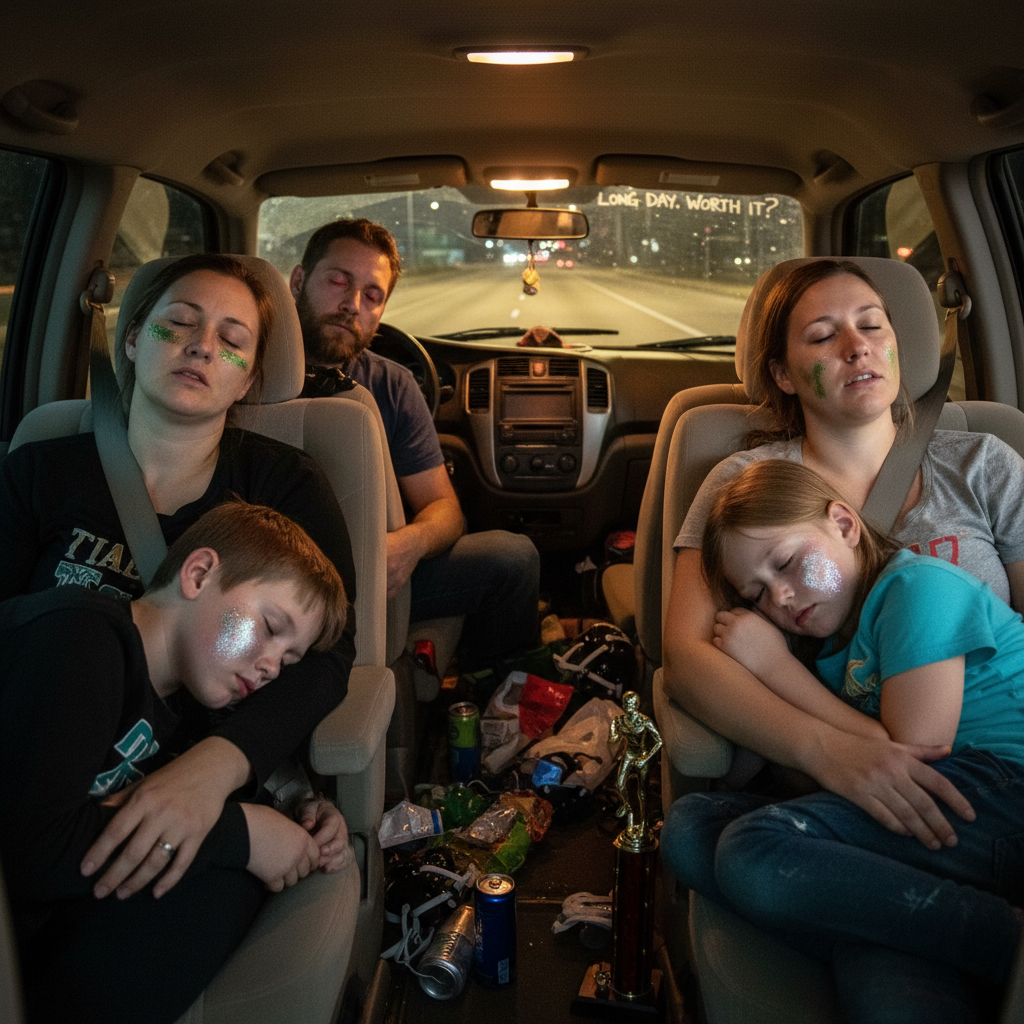 Exhausted parents driving home from tournament with kids asleep in backseat
