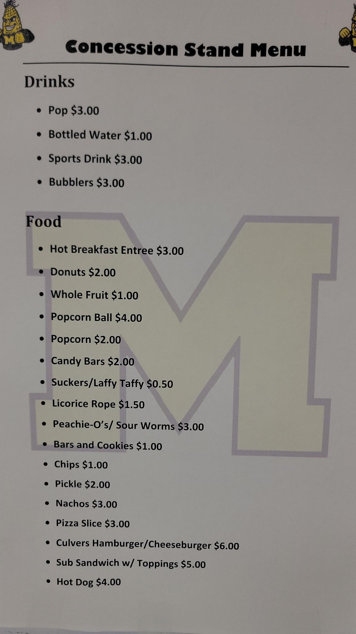 Concession stand menu