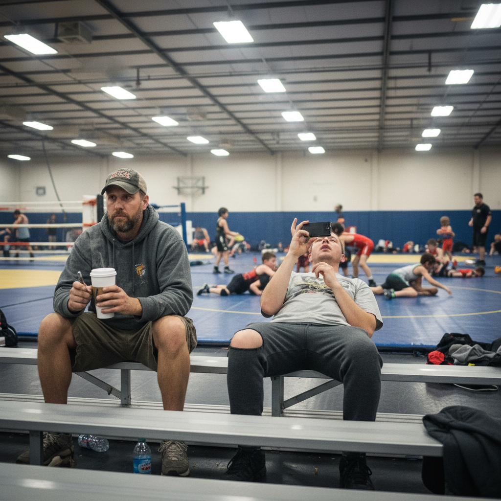 Two dads on bleachers at wrestling practice